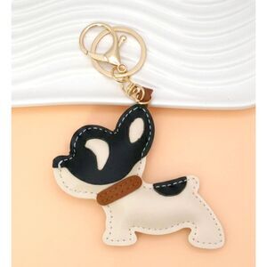 Black White Stitched Faux Leather Dog Keychain Purse or Bag Hang